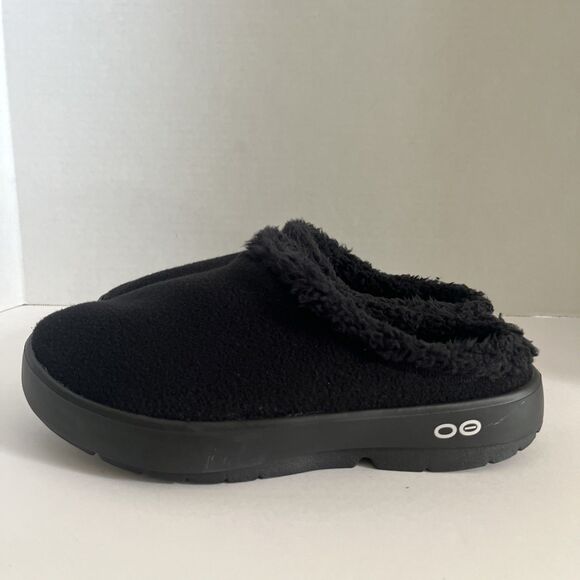 OOFOS OOmg Luxe Clog Men Black Brand New Recovery Faux Fur Slipper Comfort SZ 10 main image 4